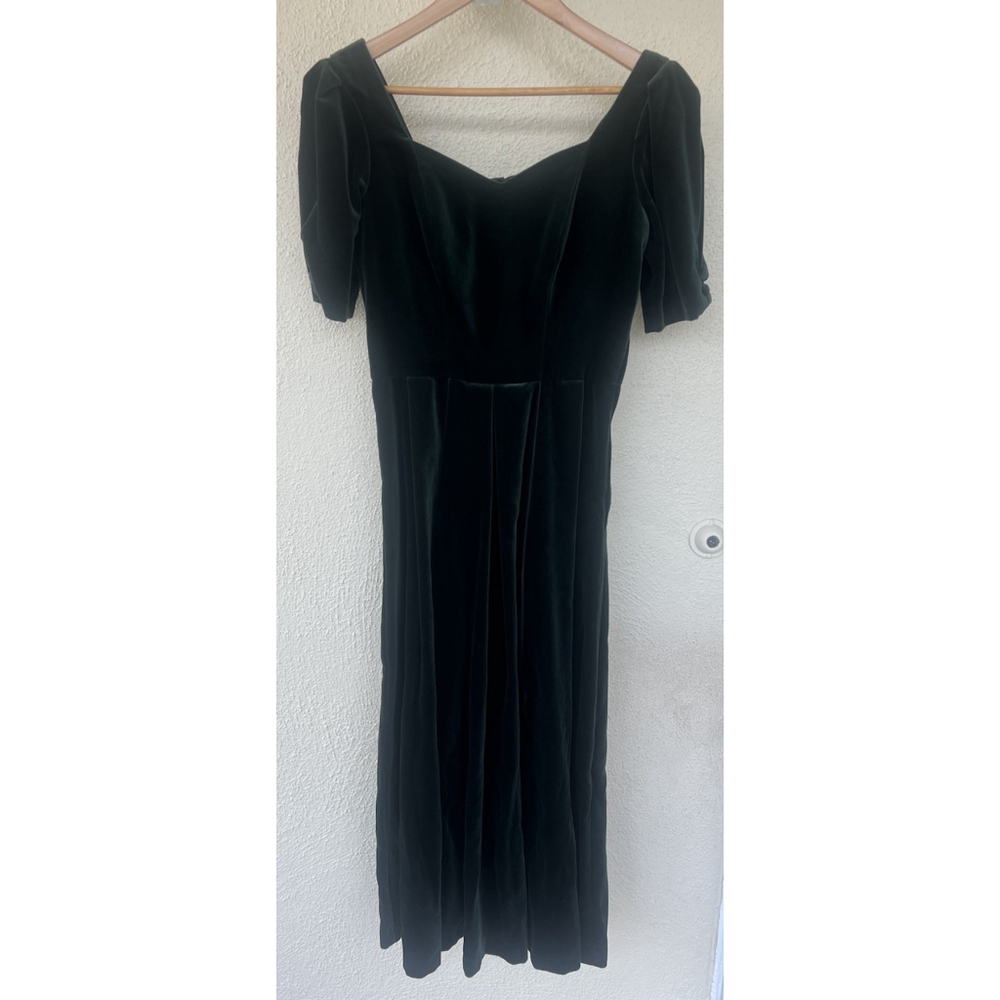 VTG Laura Ashley Green Velvet Midi Dress XS Puff Sleeve Bow Cottage Romantic
